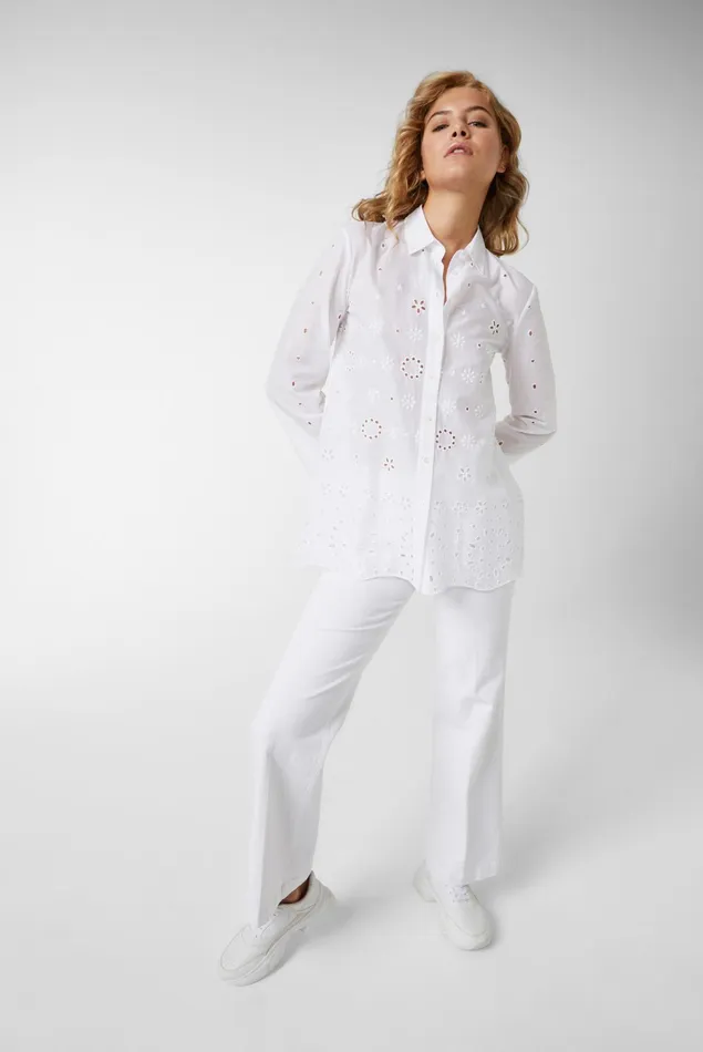 Van Laack Casual Blouses Women Cotton Blouse With Bell Sleeves And Broderie Anglaise White Van Laack Casual Blouses Women Cotton Blouse With Bell Sleeves And Broderie Anglaise White