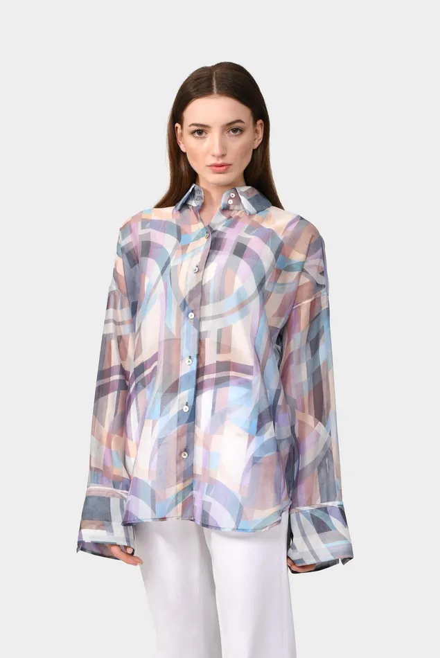 Van Laack Casual Blouses Women Oversize Shirt Blouse With A Geometrical Print