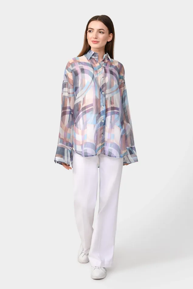 Van Laack Casual Blouses Women Oversize Shirt Blouse With A Geometrical Print
