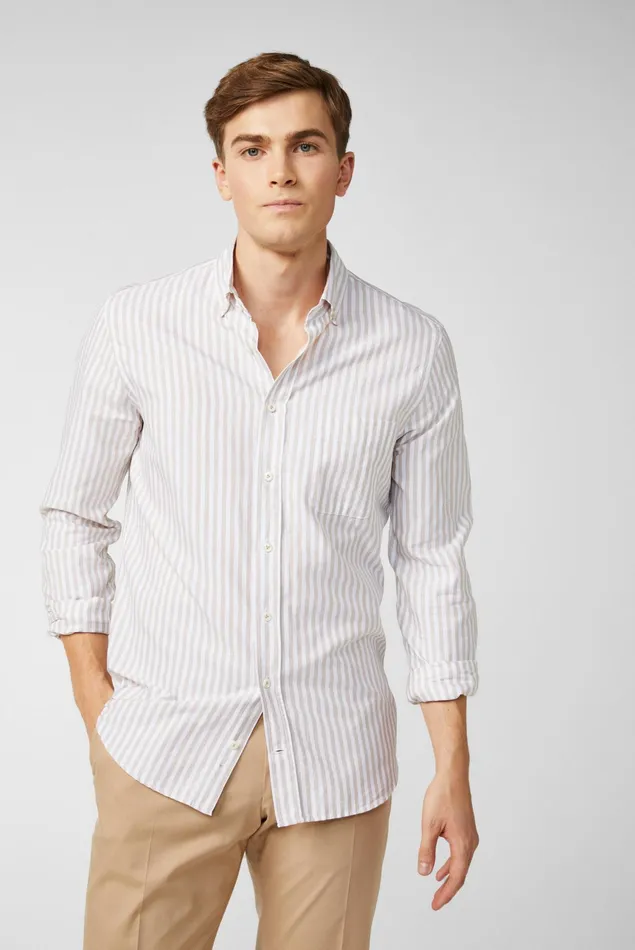Van Laack Casual Shirts Men Striped Buttondown Oxford Hem In A Soft Wash Beige