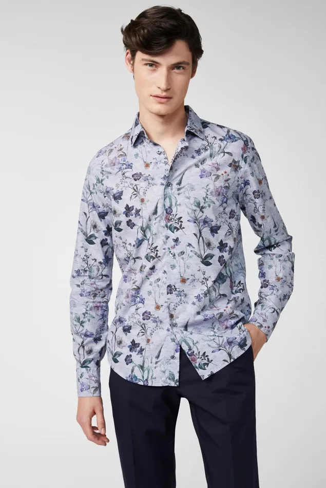 Van Laack TailorFit Shirts Men Dark Cotton Poplin Shirt With Vintage Denim Floral Print Blue