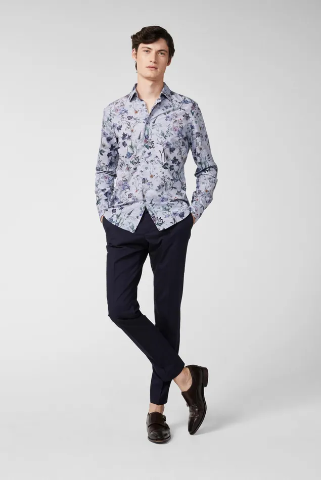 Van Laack TailorFit Shirts Men Dark Cotton Poplin Shirt With Vintage Denim Floral Print Blue Van Laack TailorFit Shirts Men Dark Cotton Poplin Shirt With Vintage Denim Floral Print Blue
