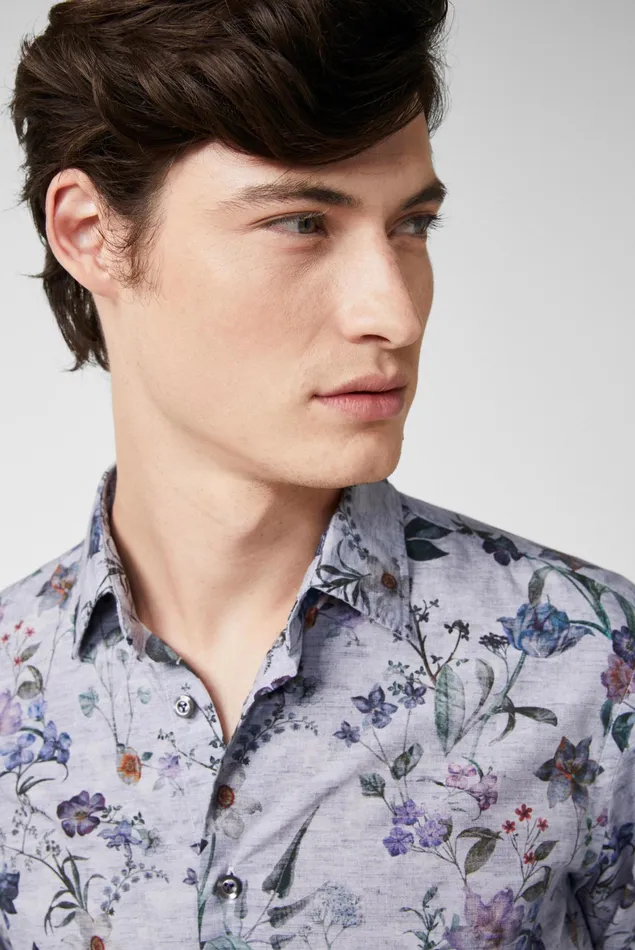 Van Laack TailorFit Shirts Men Dark Cotton Poplin Shirt With Vintage Denim Floral Print Blue Van Laack TailorFit Shirts Men Dark Cotton Poplin Shirt With Vintage Denim Floral Print Blue