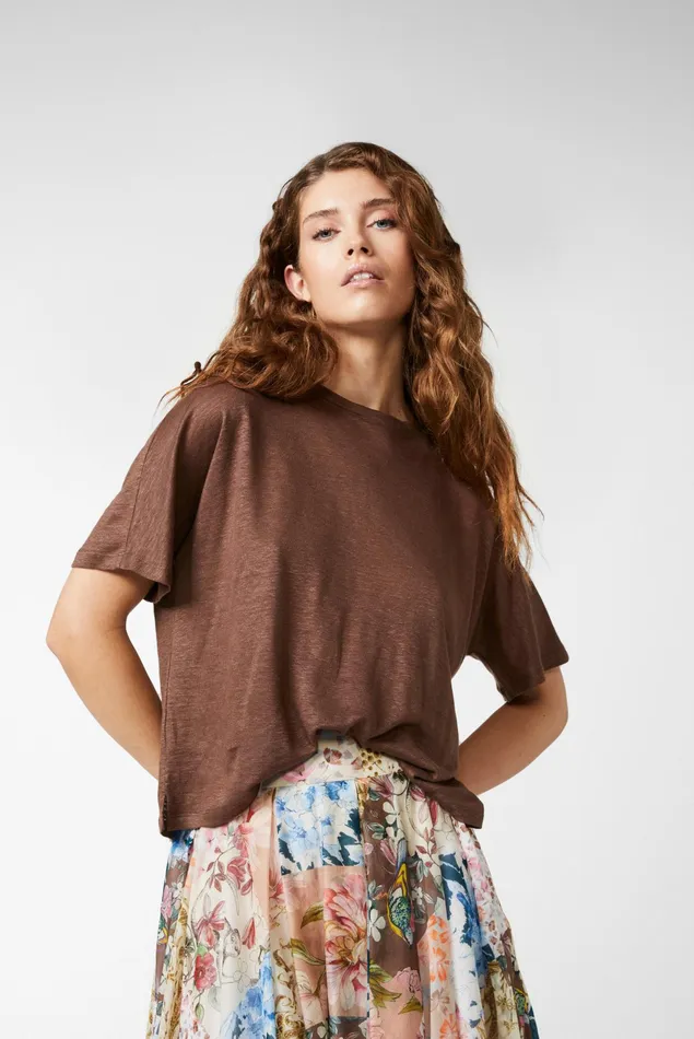 Van Laack Tops and TShirts Women Linen Jersey Tshirt Boxy Fit Brown