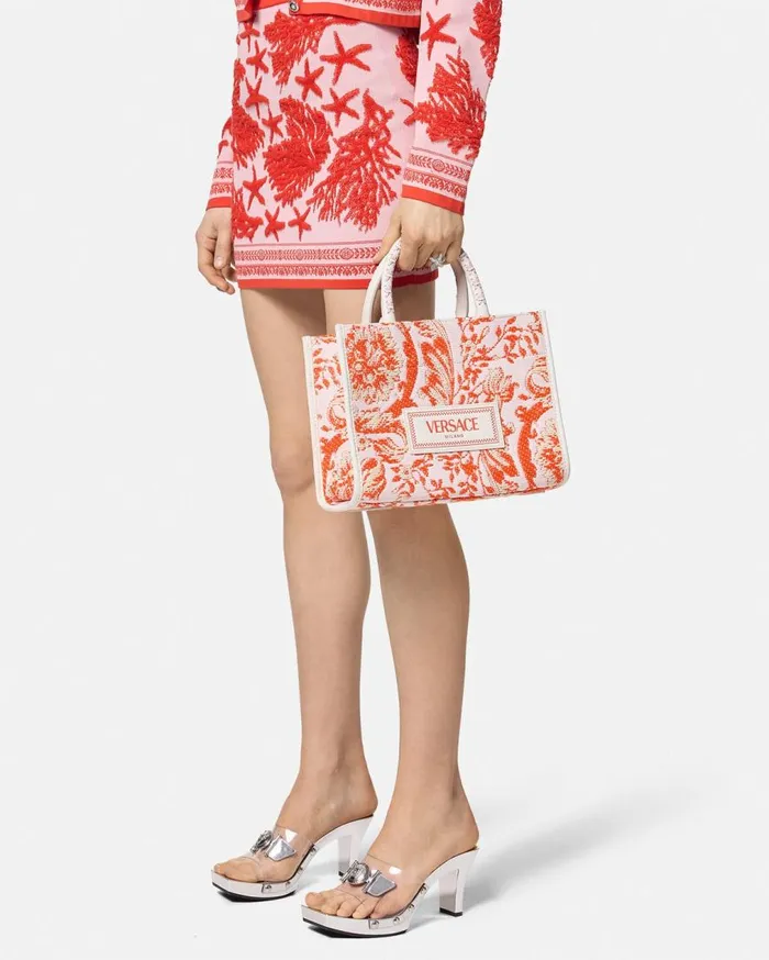 Versace Athena Barocco Athena Raffia Small Tote Bag Coral 8211 Women Versace Athena Barocco Athena Raffia Small Tote Bag Coral 8211 Women