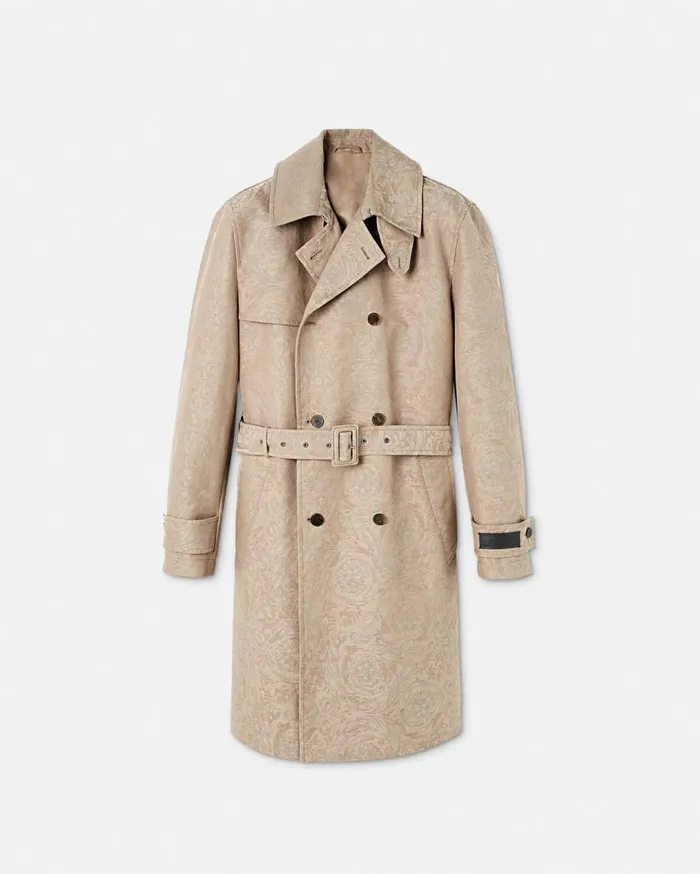 Versace Jackets and Coats Barocco Jacquard Trench Coat Beige 8211 Men