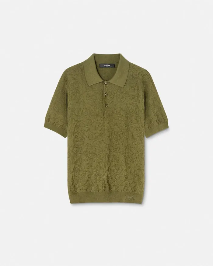Versace Knitwear Barocco Knit Polo Shirt Green 8211 Men