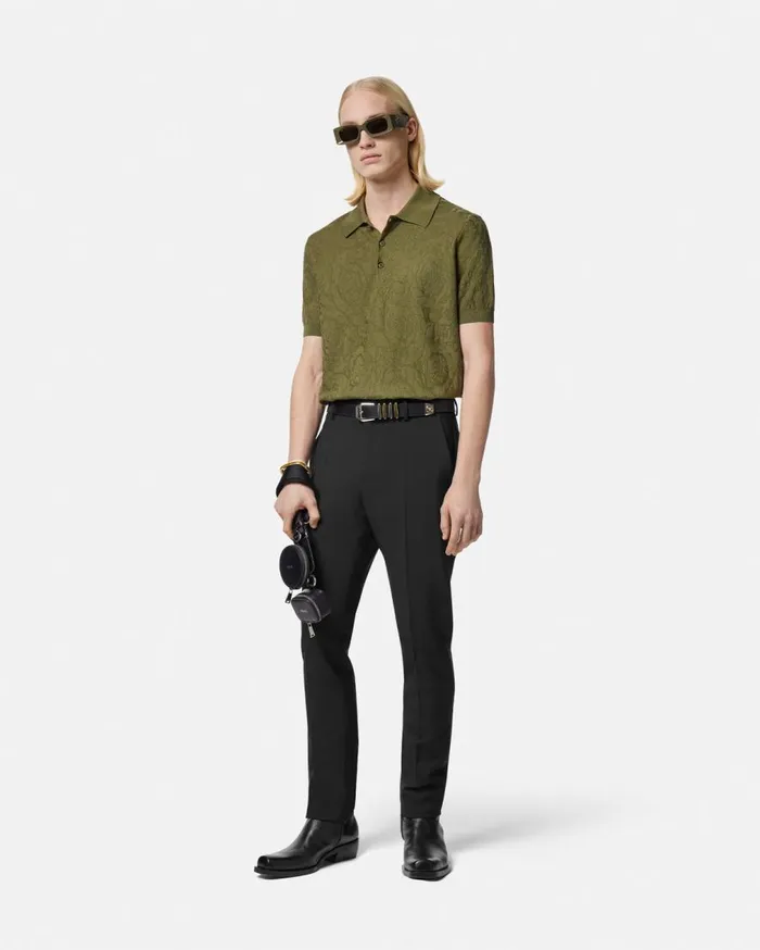 Versace Knitwear Barocco Knit Polo Shirt Green 8211 Men