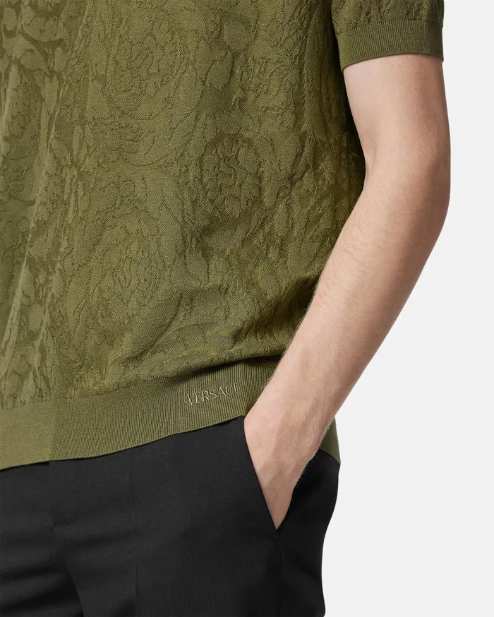 Versace Knitwear Barocco Knit Polo Shirt Green 8211 Men