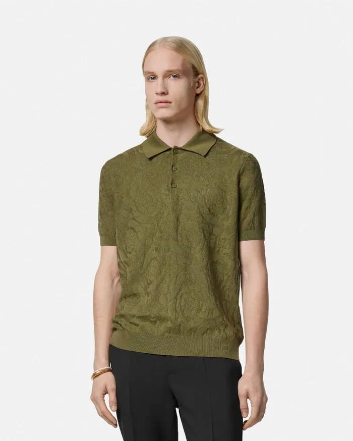 Versace Knitwear Barocco Knit Polo Shirt Green 8211 Men