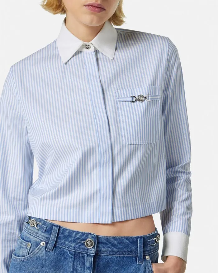 Versace Shirts and Tops Oxford Striped Crop Shirt Whiteblue 8211 Women Versace Shirts and Tops Oxford Striped Crop Shirt Whiteblue 8211 Women