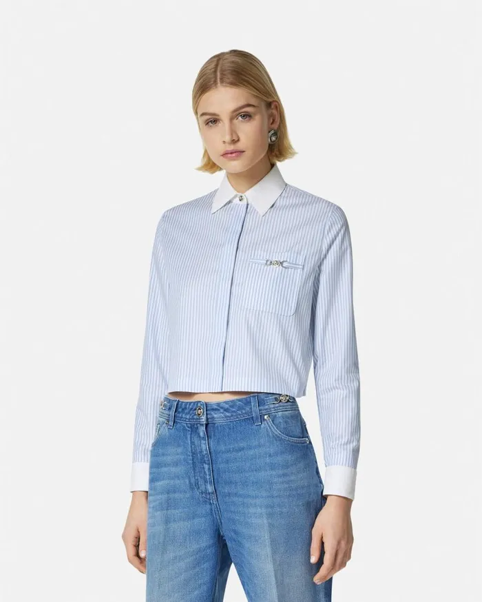 Versace Shirts and Tops Oxford Striped Crop Shirt Whiteblue 8211 Women Versace Shirts and Tops Oxford Striped Crop Shirt Whiteblue 8211 Women