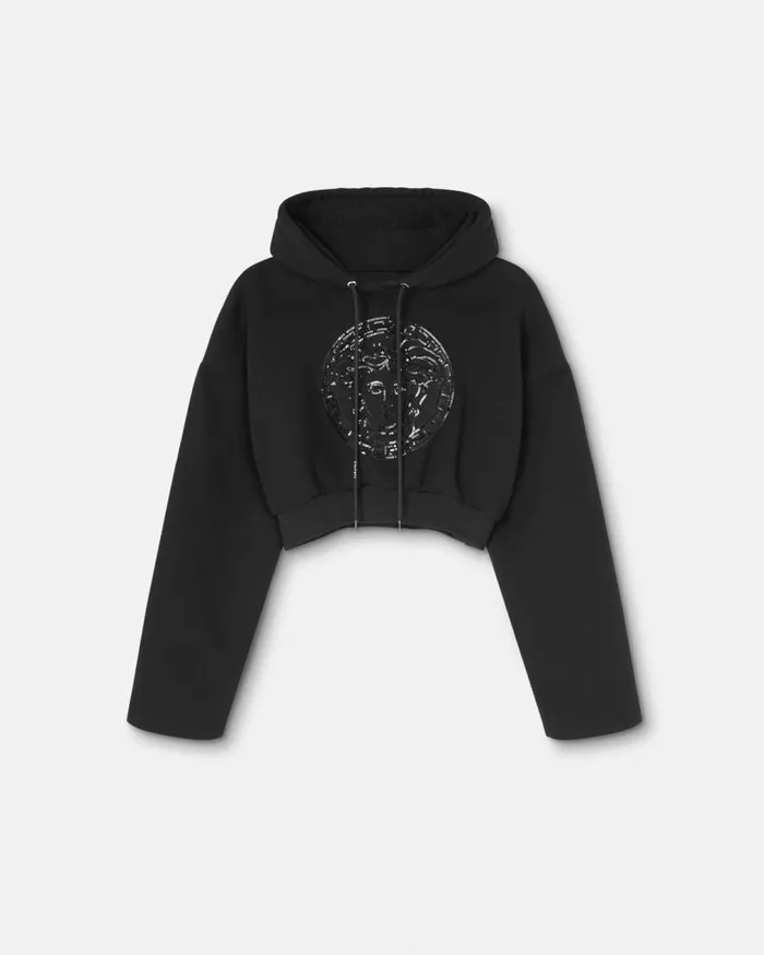 Versace TShirts and Sweatshirts Embellished Medusa Crop Hoodie Black 8211 Women