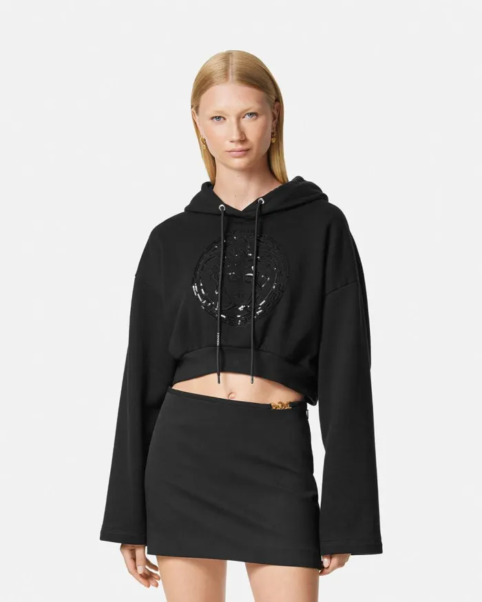 Versace TShirts and Sweatshirts Embellished Medusa Crop Hoodie Black 8211 Women Versace TShirts and Sweatshirts Embellished Medusa Crop Hoodie Black 8211 Women