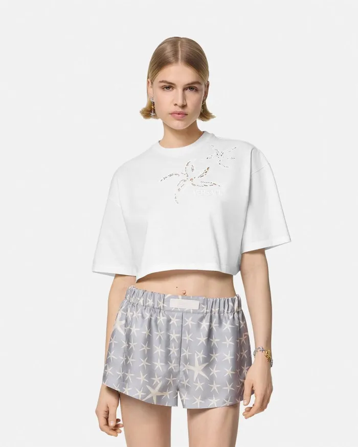 Versace TShirts and Sweatshirts Embroidered Crop Boxy TShirt White 8211 Women Versace TShirts and Sweatshirts Embroidered Crop Boxy TShirt White 8211 Women