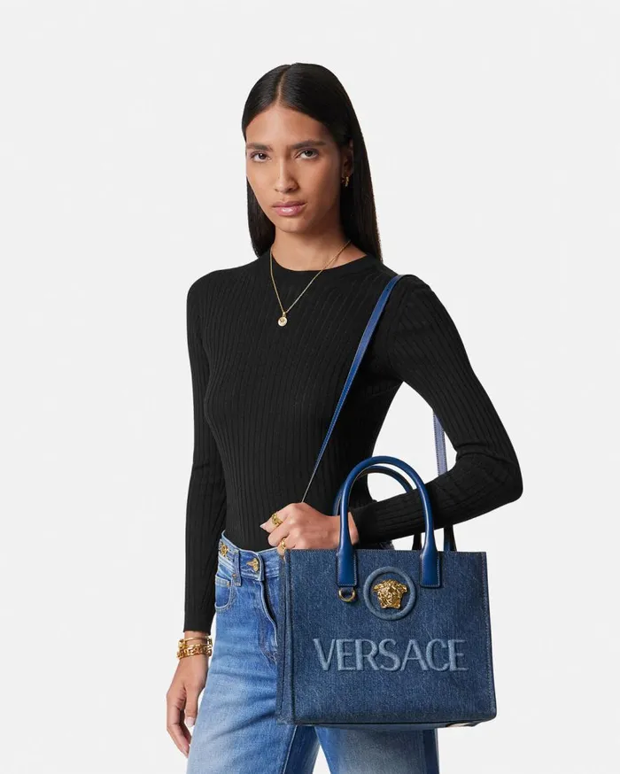 Versace Totes La Medusa Denim Small Tote Bag Blue 8211 Women Versace Totes La Medusa Denim Small Tote Bag Blue 8211 Women