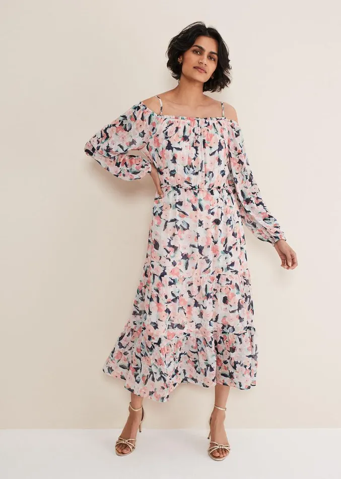 Vicky Off Shoulder Printed Dress Multicoloured Women Phase Eight Dresses