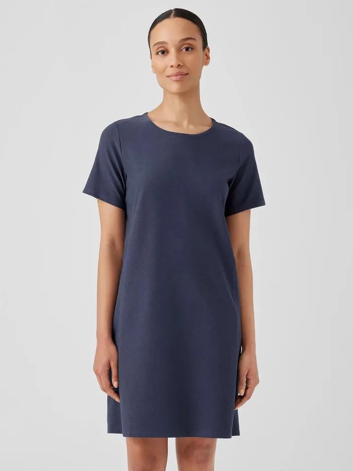 Washable Stretch Crepe Jewel Neck Dress Ocean Women Eileen Fisher Dresses and Skirts