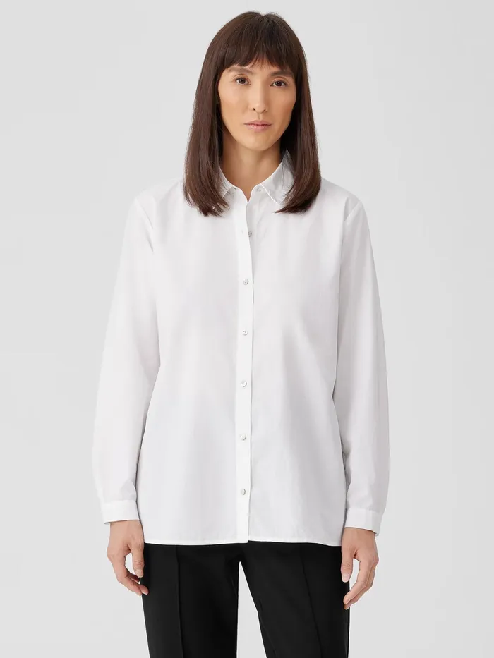 Washed Organic Cotton Poplin Classic Collar Long Shirt White Women Eileen Fisher Dresses and Skirts