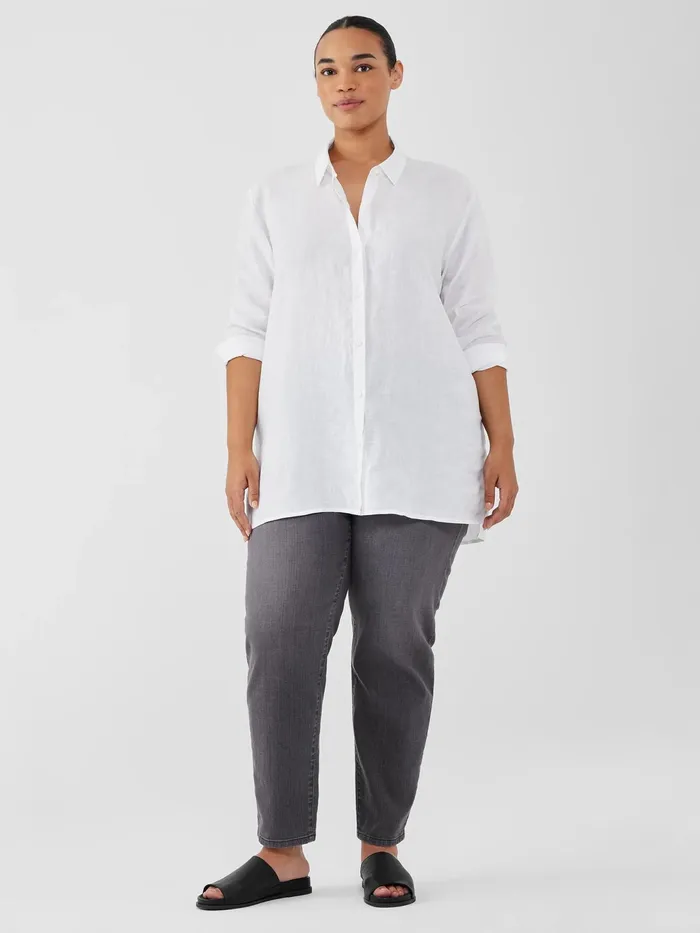 Washed Organic Cotton Poplin Classic Collar Long Shirt White Women Eileen Fisher Dresses and Skirts