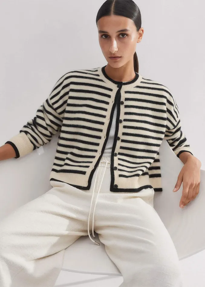 Women Boiled Cashmere Striped Cardigan Creamblack MEEM