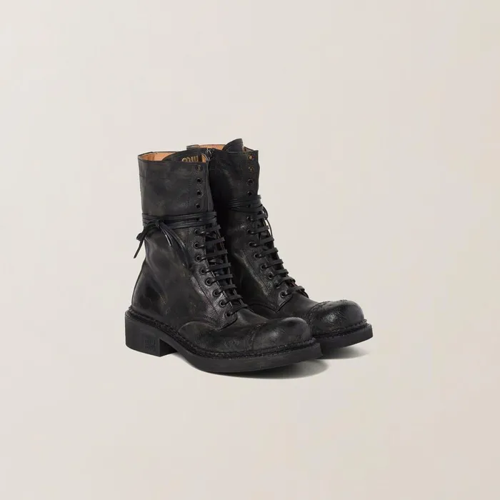 Women Boots And Ankle Boots Miu Miu Leather Laced Booties Black