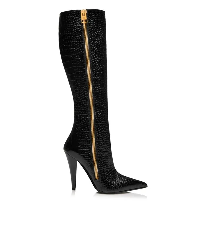 Women Boots Tom Ford Shiny Stamped Crocodile Leather Zip KneeHigh Boot Black