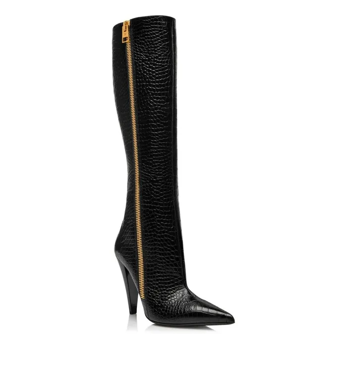 Women Boots Tom Ford Shiny Stamped Crocodile Leather Zip KneeHigh Boot Black Women Boots Tom Ford Shiny Stamped Crocodile Leather Zip KneeHigh Boot Black