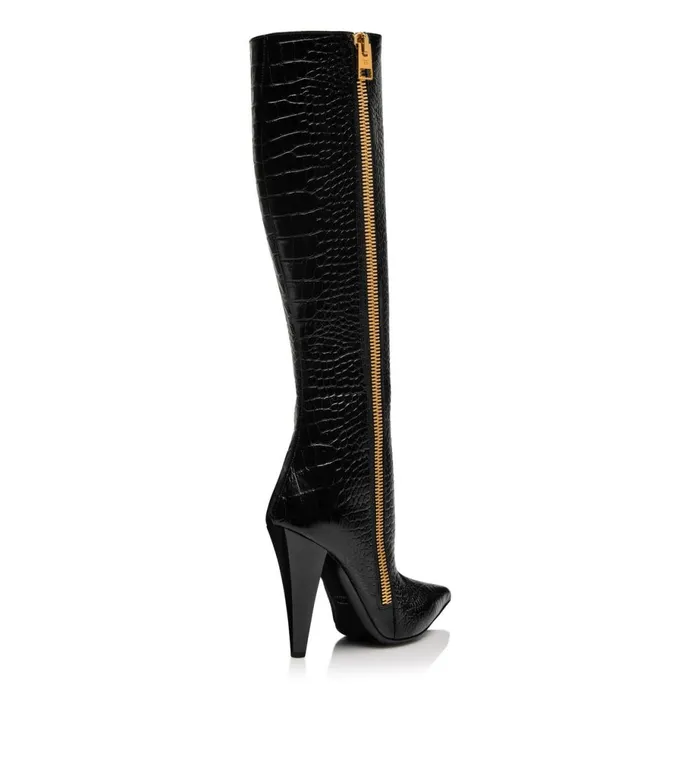 Women Boots Tom Ford Shiny Stamped Crocodile Leather Zip KneeHigh Boot Black Women Boots Tom Ford Shiny Stamped Crocodile Leather Zip KneeHigh Boot Black