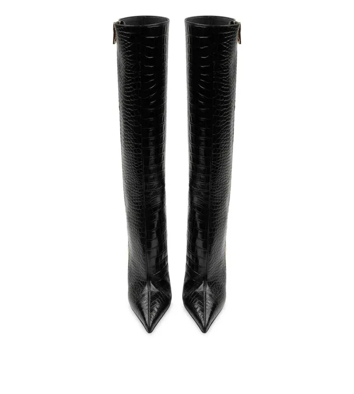 Women Boots Tom Ford Shiny Stamped Crocodile Leather Zip KneeHigh Boot Black Women Boots Tom Ford Shiny Stamped Crocodile Leather Zip KneeHigh Boot Black