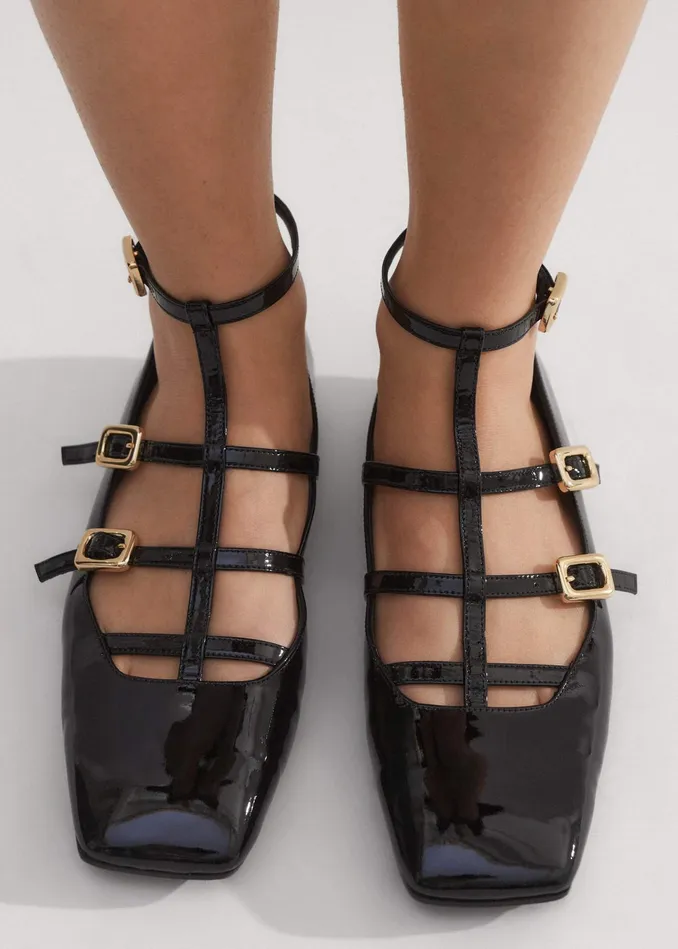 Women Caged TBar Ballerina Flat Black MEEM