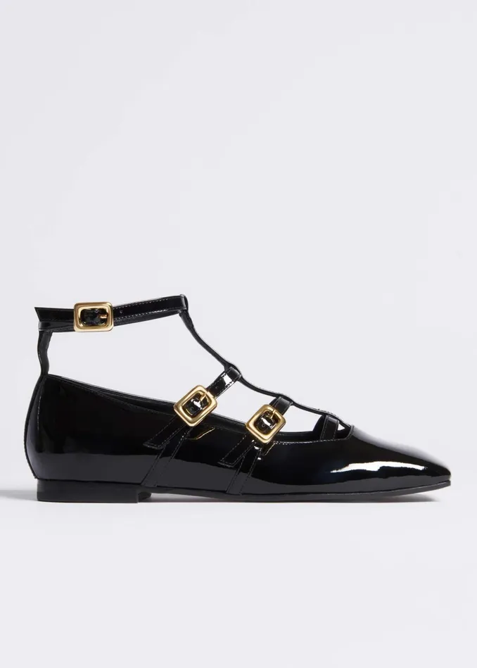 Women Caged TBar Ballerina Flat Black MEEM