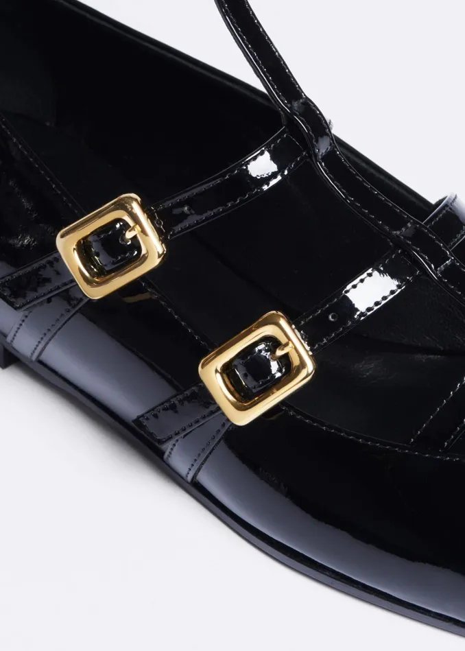 Women Caged TBar Ballerina Flat Black MEEM