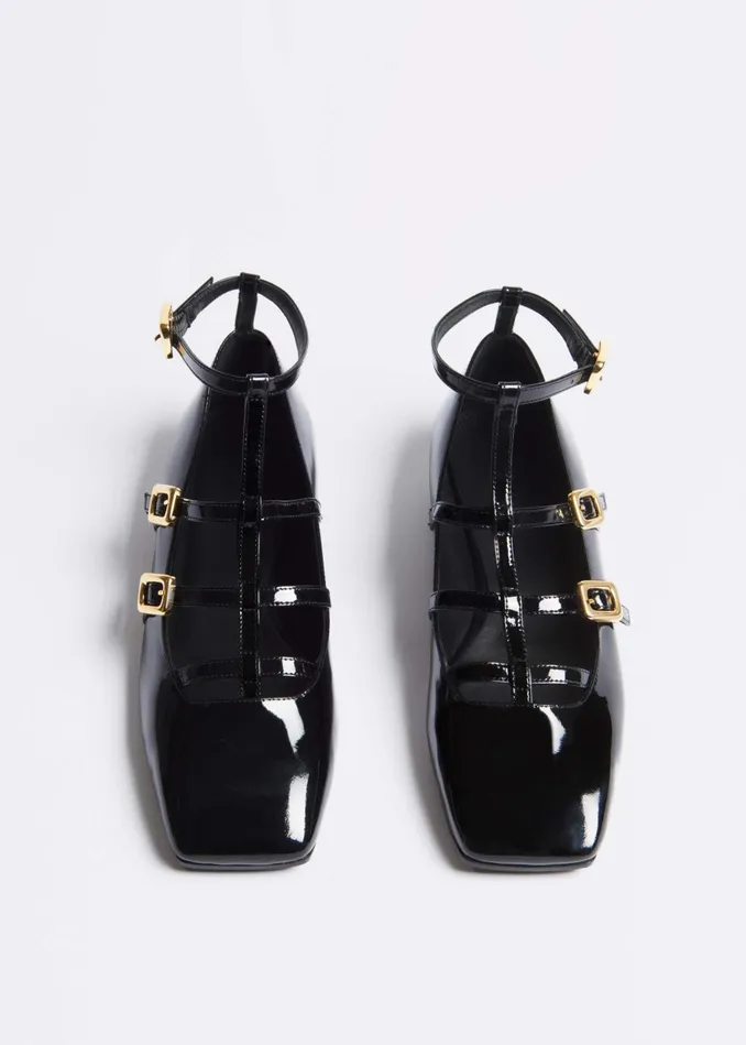 Women Caged TBar Ballerina Flat Black MEEM