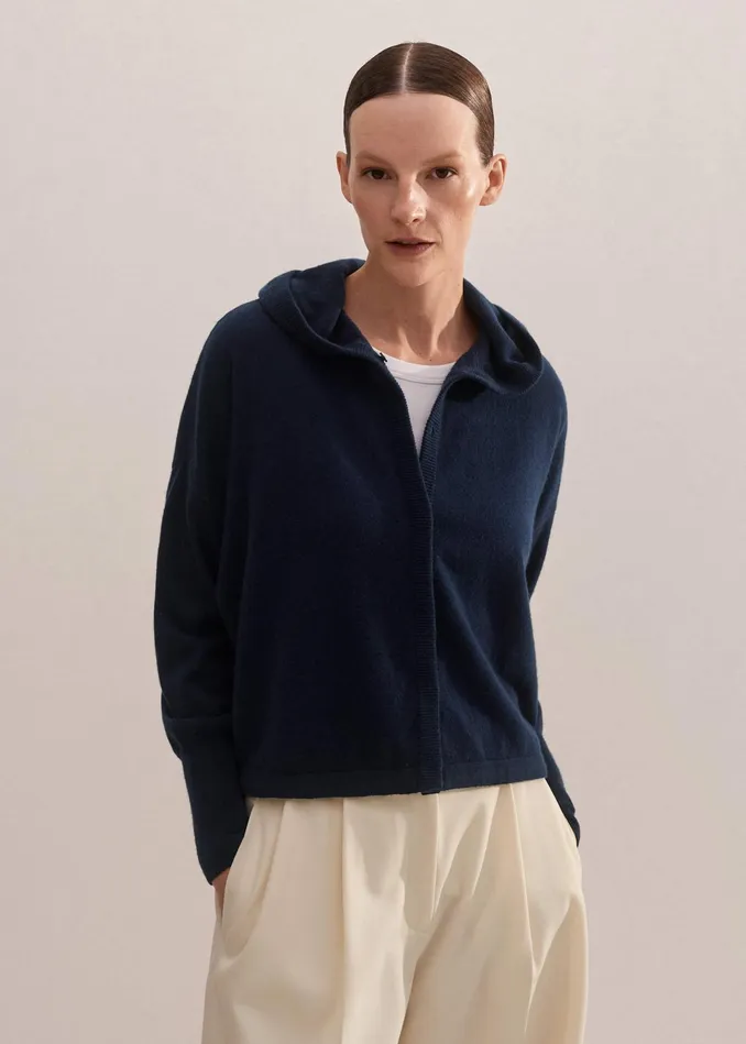 Women Cashmere Drop Shoulder Box Crop Hoody Dark Navy MEEM