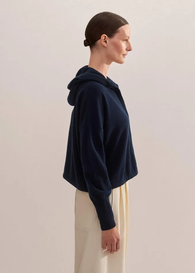Women Cashmere Drop Shoulder Box Crop Hoody Dark Navy MEEM