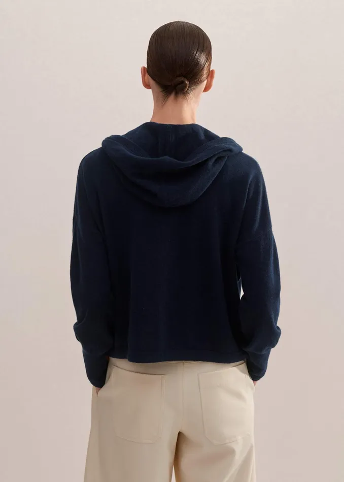 Women Cashmere Drop Shoulder Box Crop Hoody Dark Navy MEEM
