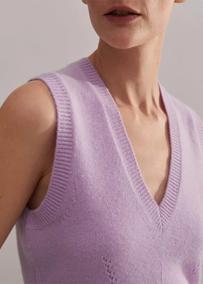Women Cashmere Lace Stitch Fashioned Sweater Vest Lupin Lilac MEEM