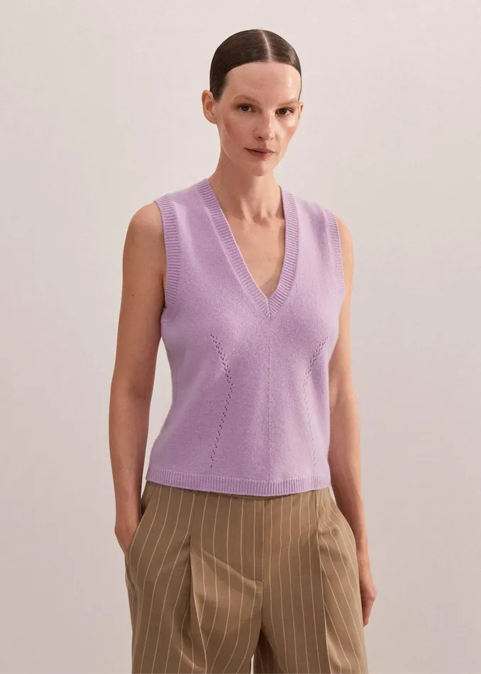 Women Cashmere Lace Stitch Fashioned Sweater Vest Lupin Lilac MEEM
