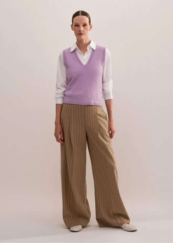 Women Cashmere Lace Stitch Fashioned Sweater Vest Lupin Lilac MEEM