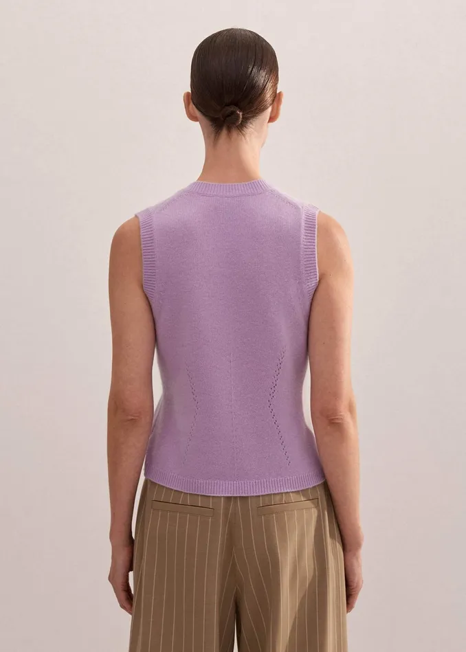 Women Cashmere Lace Stitch Fashioned Sweater Vest Lupin Lilac MEEM