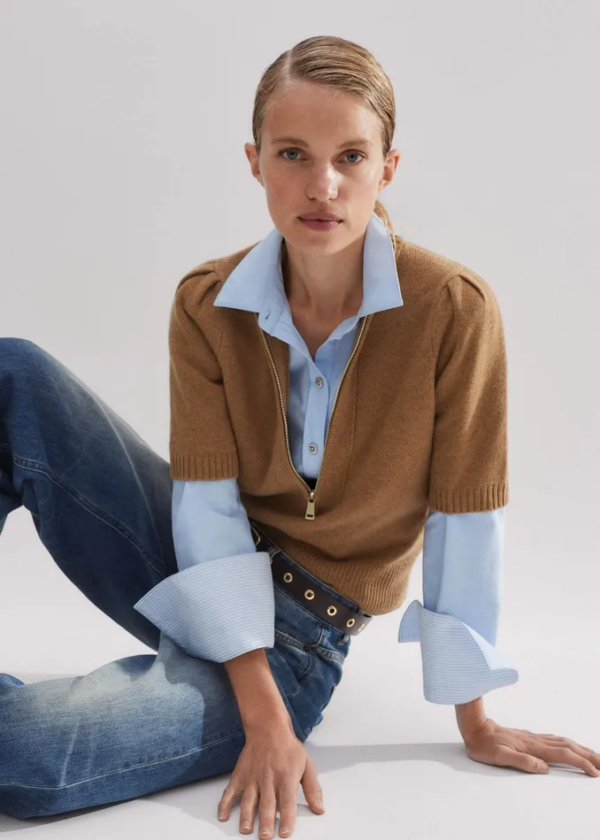 Women Cashmere Zip Neck Pouf Sleeve Tee Cream Melange MEEM