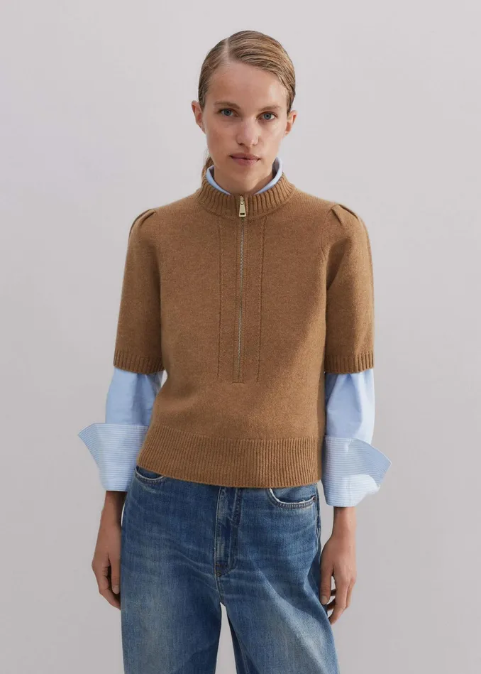 Women Cashmere Zip Neck Pouf Sleeve Tee Cream Melange MEEM