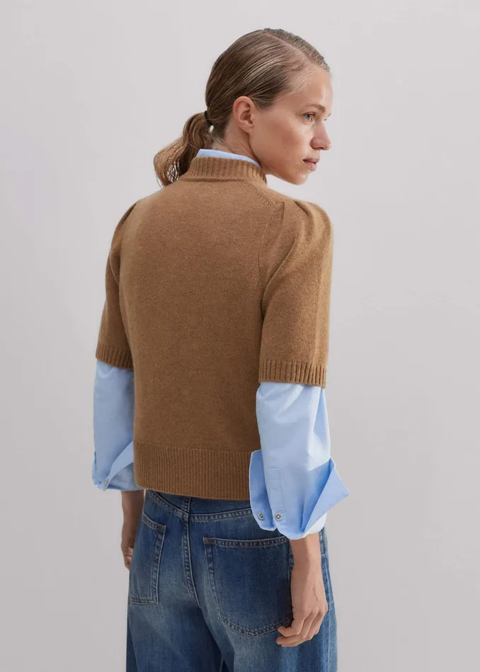Women Cashmere Zip Neck Pouf Sleeve Tee Cream Melange MEEM
