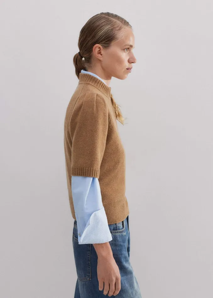 Women Cashmere Zip Neck Pouf Sleeve Tee Cream Melange MEEM