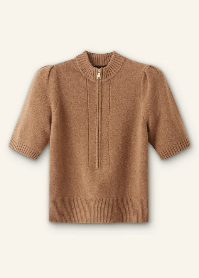 Women Cashmere Zip Neck Pouf Sleeve Tee Cream Melange MEEM