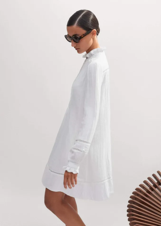 Women Cheesecloth Trim Detail Short Swing Dress Soft White MEEM
