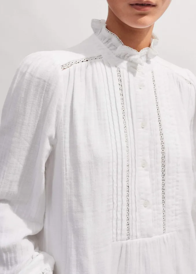 Women Cheesecloth Trim Detail Short Swing Dress Soft White MEEM