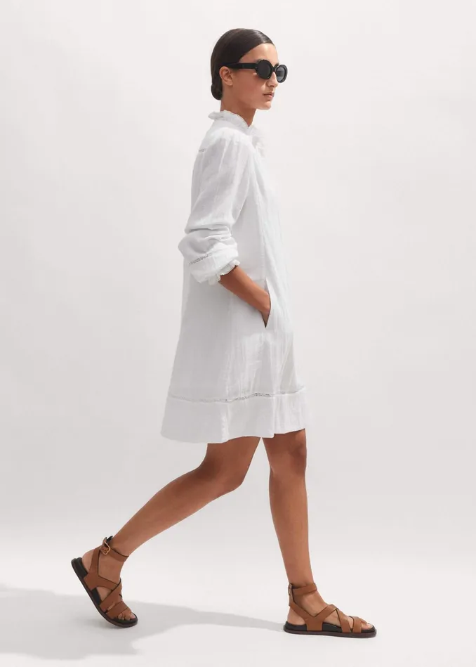 Women Cheesecloth Trim Detail Short Swing Dress Soft White MEEM