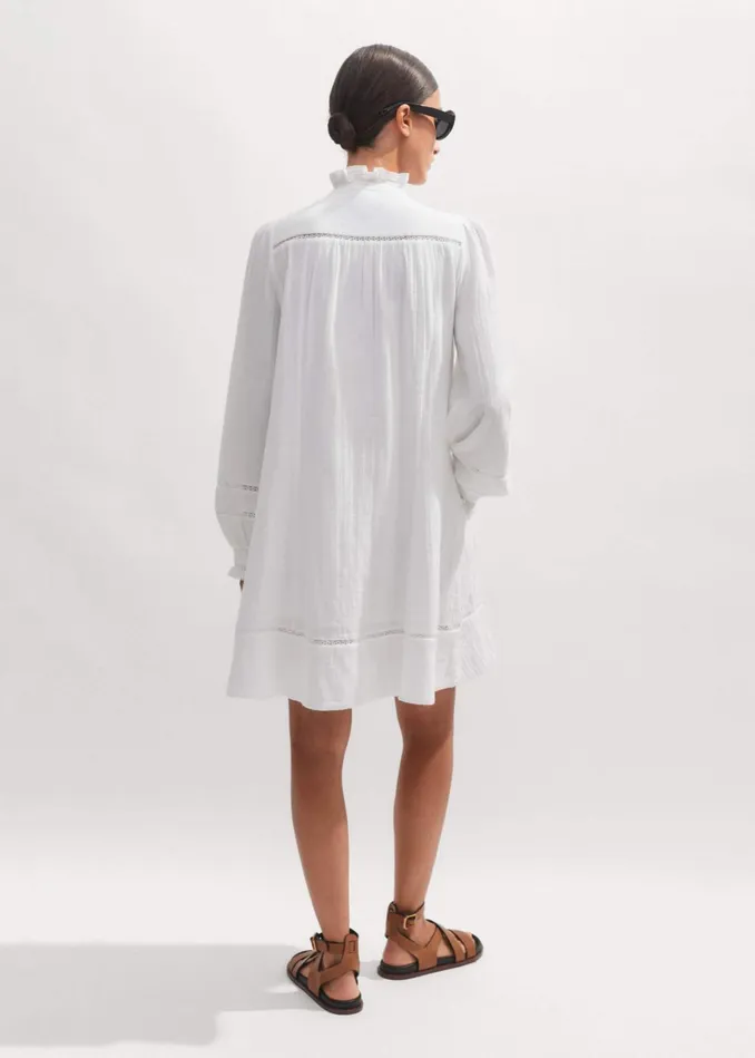Women Cheesecloth Trim Detail Short Swing Dress Soft White MEEM
